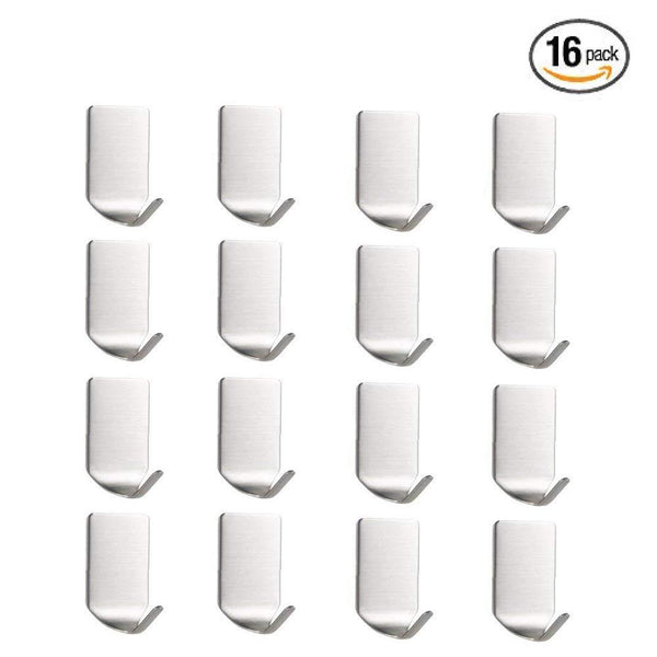 Adhesive Hooks, Heavy Duty Wall Hooks Made from 304 Stainless Steel That's Waterproof for Coat, Towel Hook, Keys, Bags, Kitchen and Bathroom (16 Pack)