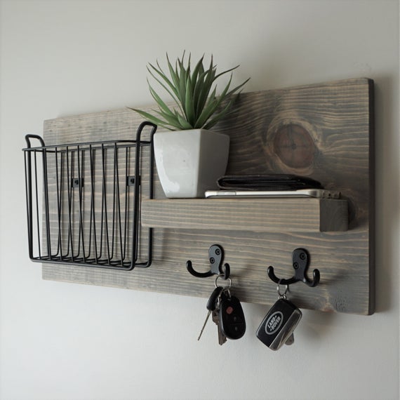 Rustic Mail Organizer Shelf with Magazine Holder and Key Hooks by KeoDecor