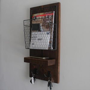 Modern Rustic Mail Organizer Shelf with Magazine Rack and Key Hooks by KeoDecor