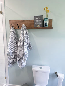 Towel Rack & Bathroom Shelf Organizer | The Olivia | Key Hooks Wall Mounted Coat Rack Catch All Leash Mask Holder Rustic Modern Unique Rack by DistressedMeNot