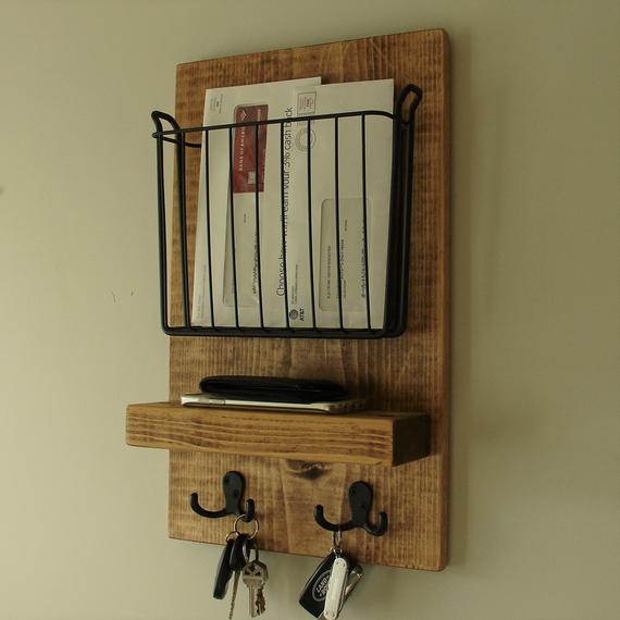 Simply Rustic Mail Organizer Shelf with Magazine Basket and Key Hooks by KeoDecor