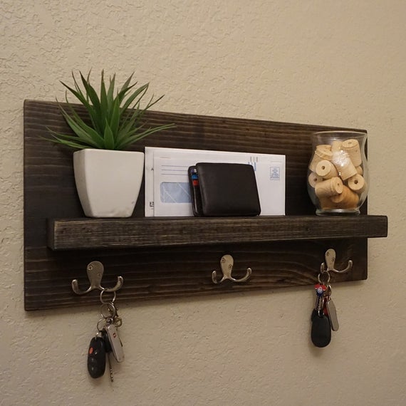 Simply Modern Rustic Entryway Shelf with Satin Nickel Key Hooks by KeoDecor
