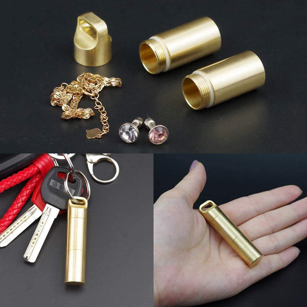 Budget weimian pill fob 2 compartments solid brass metal outdoor travel small waterproof container organizer dry storage bottle keychain holder hiking camping edc case