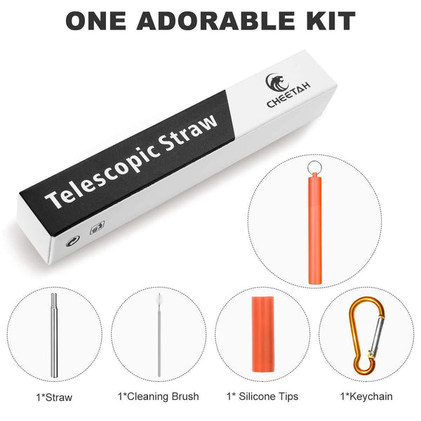 Great reusable collapsible straw folding telescopic stainless steel metal drinking straws portable kit with cleaning brush carrying case silicone tips keychain for home office travelred
