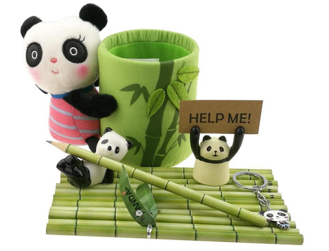 Heavy duty cute black and white panda theme stationery set include 12 hb bamboo pencils 1 pencil holder 1 memo holder organizer 1 ceramic panda toy 1 keychain for kids school study gift