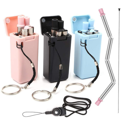 Exclusive quienkitch 3 pack collapsible straws stainless steel reusable foldable drinking straws with hard case cleaning brush keychain and neck lanyard pink black blue