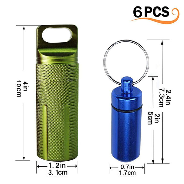New 6pcs waterproof aluminum pill box case bottle cache drug holder keychain container colorful outdoor camping travel traveling portable pill capsule match case 3mini size 3large size random colors