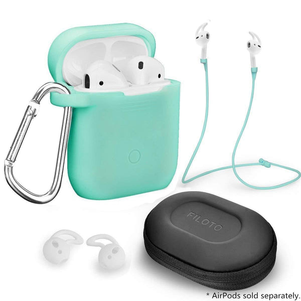 Heavy duty airpods accessories set filoto airpods waterproof silicone case cover with keychain strap earhooks accessories storage travel box for apple airpod mint green