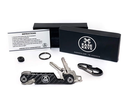 New key organizer keychain holds 18 house keys plus a carabiner for car keys includes bottle opener and phone stand carbon fiber and steel by ease keys