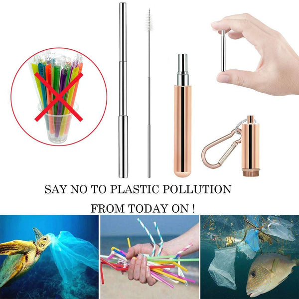 Products senneny telescopic reusable drinking straws stainless steel metal straws premium food grade folding drinking straws keychain portable set with aluminum case cleaning brush rose gold black