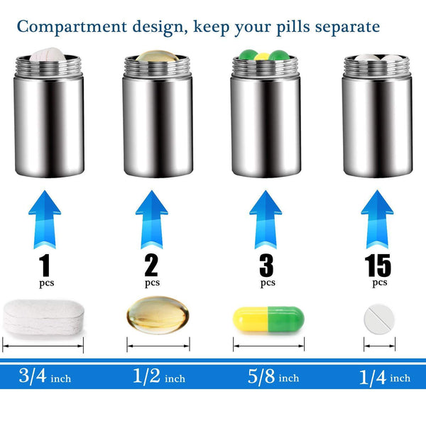 Heavy duty ppfish portable daily pill case 3 compartments stainless steel waterproof pill box dispenser small pocket pill container keychain pill fob travel pill holder for men women medium