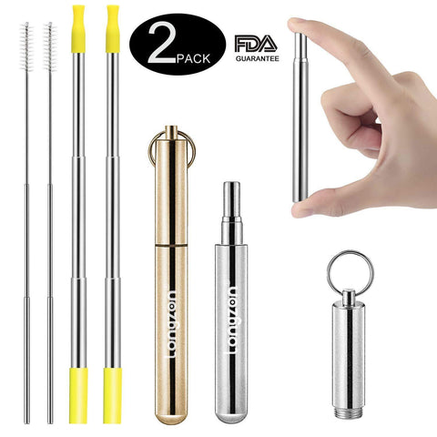 Top 2 pack longzon collapsible stainless steel metal straws with case reusable portable foldable telescopic metal drinking straws with 2 aluminum keychain 2 cleaning brushes for travel home