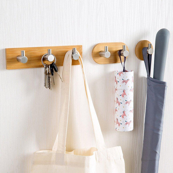 Adhesive Key Holder for Wall, Heavy Duty Wall Hooks Stainless Steel Peg Natural Bamboo Hanger for Robe Towel Bag, Modern Bathroom Kitchen Office Cabinet Door Organizer Rack, 1 Hook