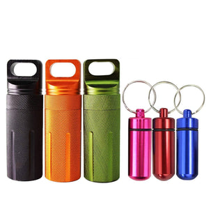 Great 6pcs waterproof aluminum pill box case bottle cache drug holder keychain container colorful outdoor camping travel traveling portable pill capsule match case 3mini size 3large size random colors