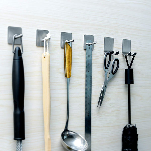Adhesive Hooks,Stainless Steel Wall Hooks Hanger, 4 Key Hooks and 2 Plug Holder Hook|Double Hooks for Hanging Kitchen Bathroom Office