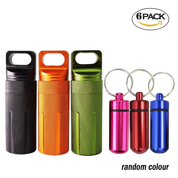 On amazon 6pcs waterproof aluminum pill box case bottle cache drug holder keychain container colorful outdoor camping travel traveling portable pill capsule match case 3mini size 3large size random colors